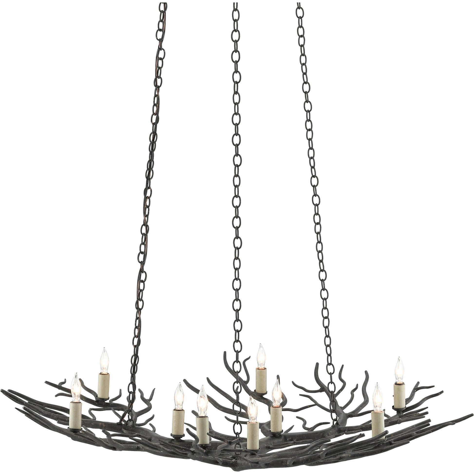 Rainforest Chandelier by Currey and Company in rustic bronze. Made from unique in a rustic style.
