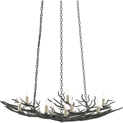 Rainforest Chandelier by Currey and Company in rustic bronze. Made from unique in a rustic style.