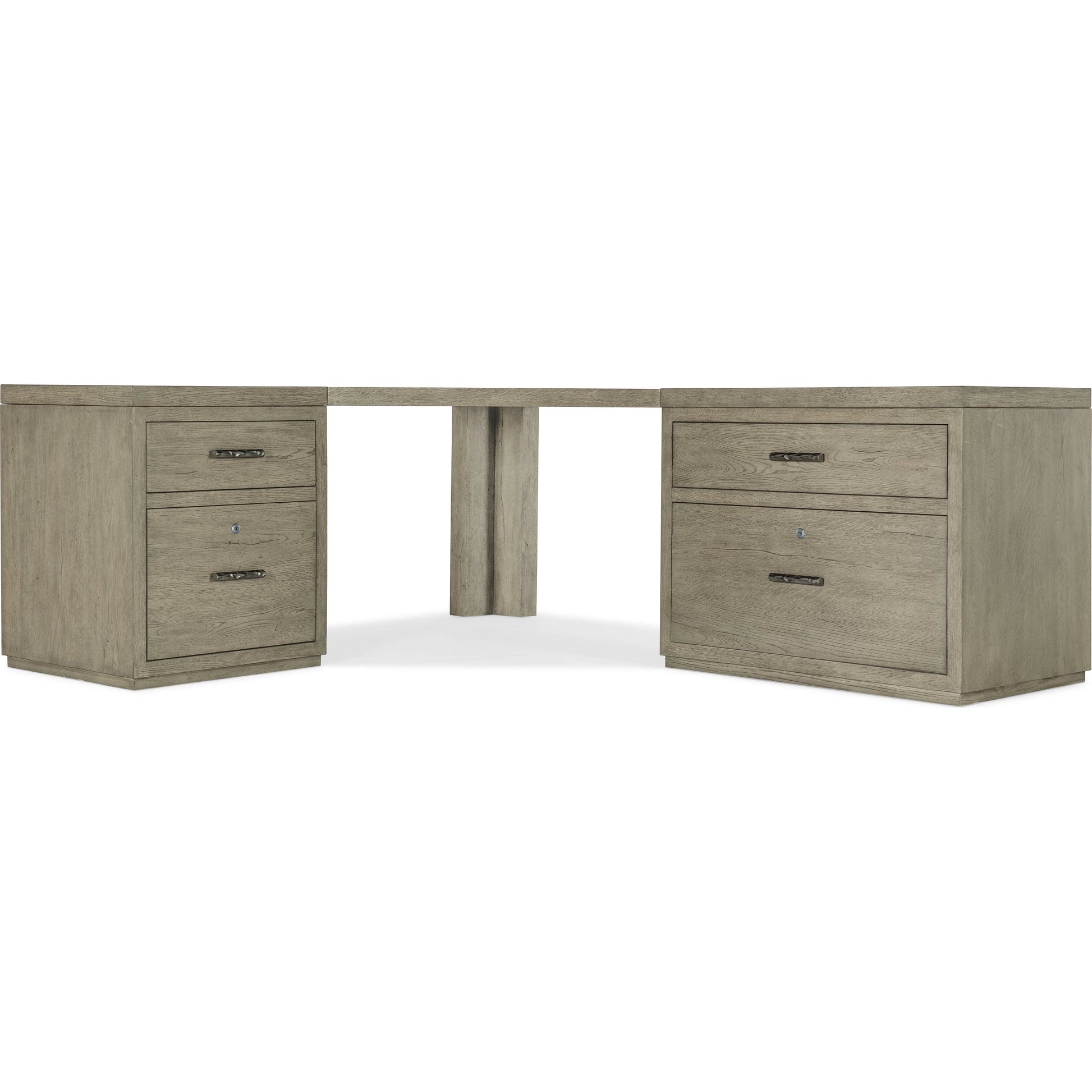 Linville Falls Corner Desk with Lateral and Small File by Hooker Furniture in mink, antique pewter. Made from oak veneers in a modern style.
