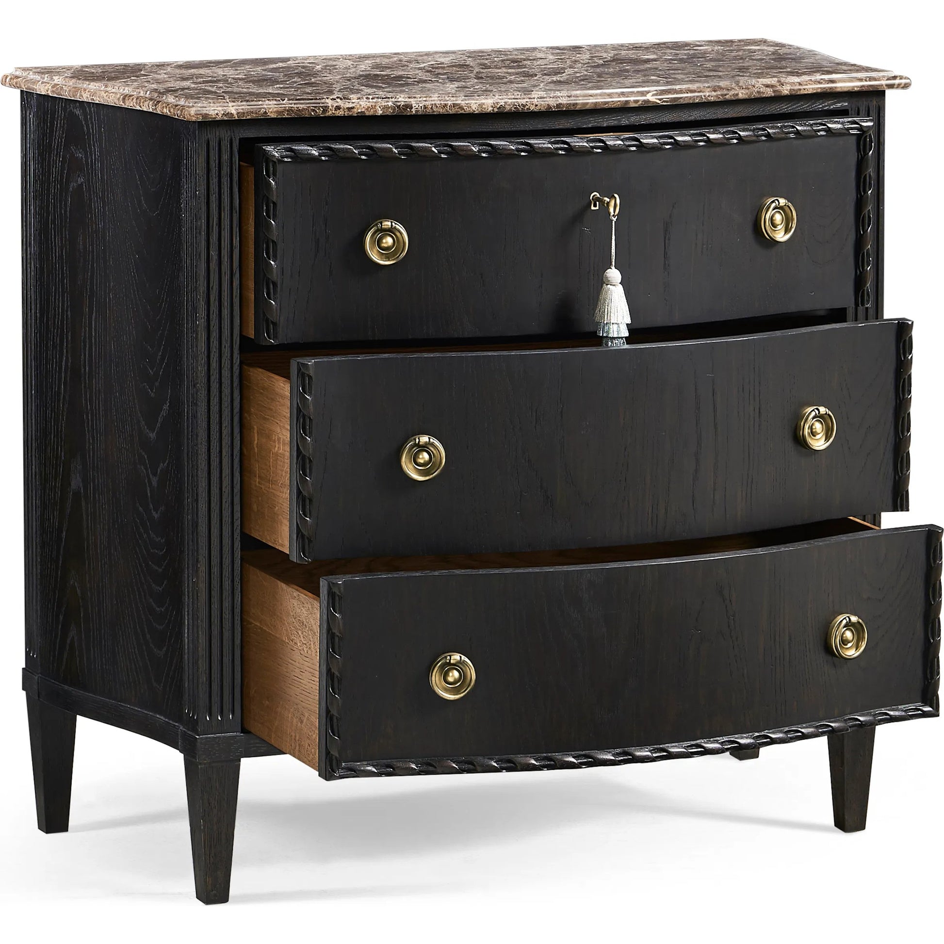Tangiers Drawer Chest by Jonathan Charles in brown, black and ebonized oak. Made from oak solids, flat-cut oak veneers, stone, brass in a traditional style.