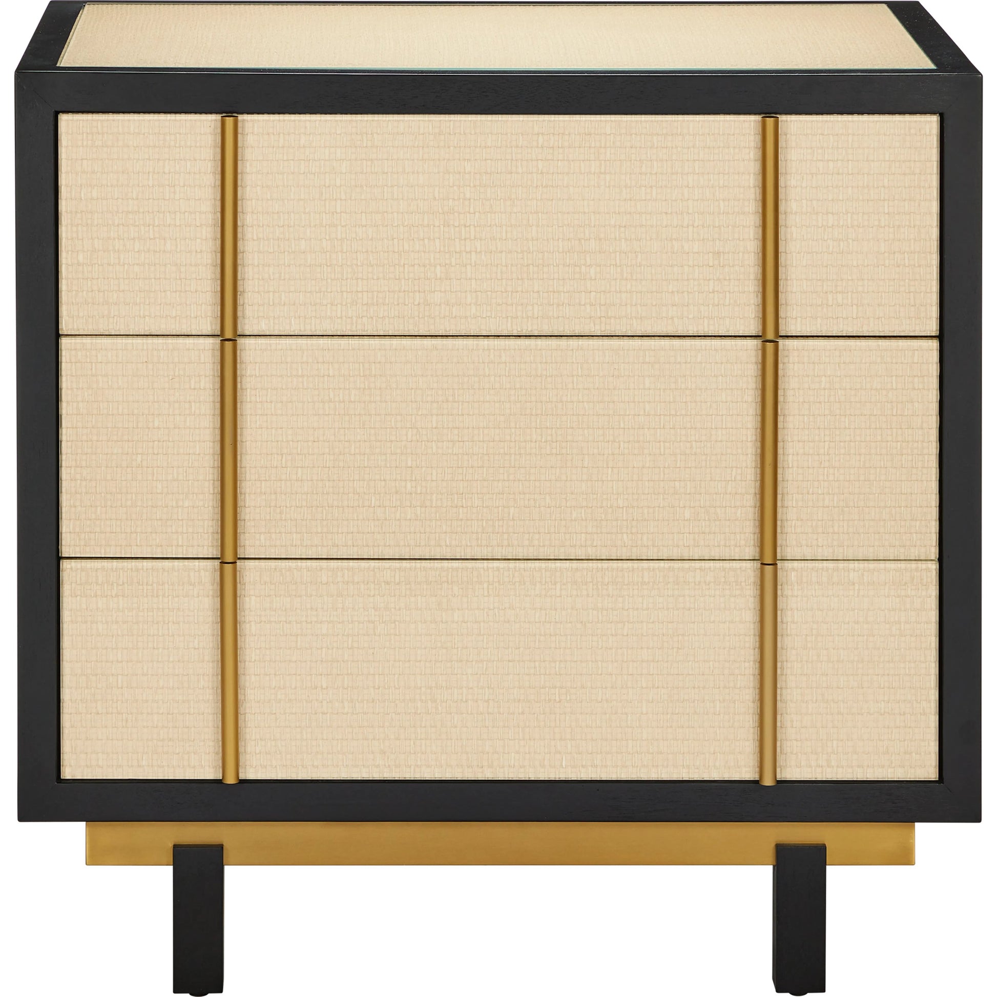 Deanna Raffia Nightstand by Currey and Company in ivory, black, brushed brass, natural, dusty blue, clear. Made from raffia, okume veneer, stainless steel, sycamore veneer, tempered glass in a modern style.