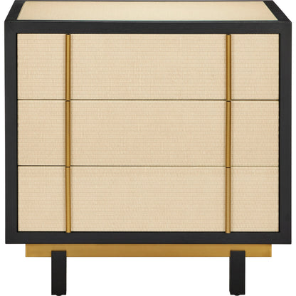 Deanna Raffia Nightstand by Currey and Company in ivory, black, brushed brass, natural, dusty blue, clear. Made from raffia, okume veneer, stainless steel, sycamore veneer, tempered glass in a modern style.