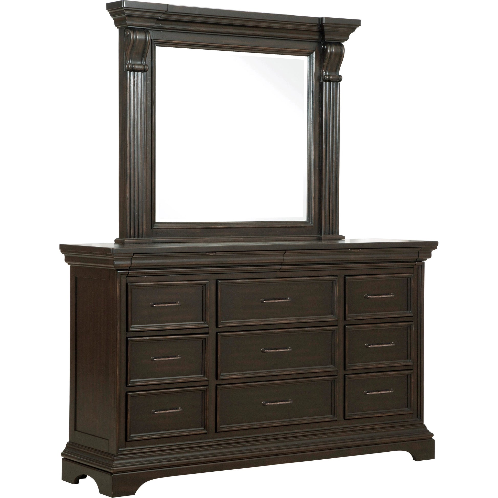 Caldwell Dresser by Pulaski Furniture in deep brown. Made from acacia veneers, asian hardwood in a traditional style.