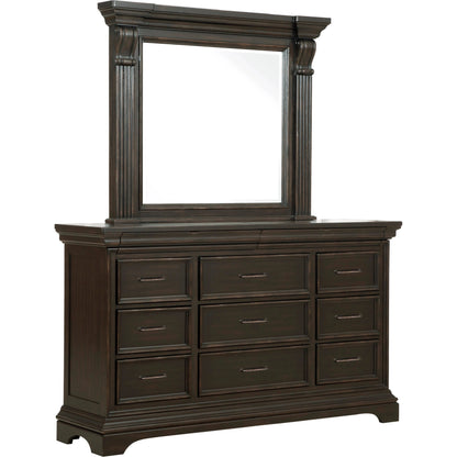 Caldwell Dresser/Mirror by Pulaski Furniture in deep brown. Made from acacia veneers, asian hardwood in a traditional style.