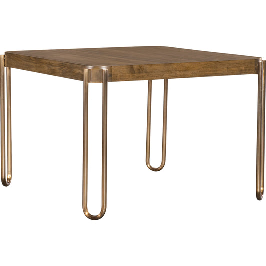 Commerce and Market Walnut and Dine Dining Table by Hooker Furniture in medium wood and light caramel, walnut veneers, sunlit bronze. Made from walnut figured veneers, stainless steel tube in a unique style.