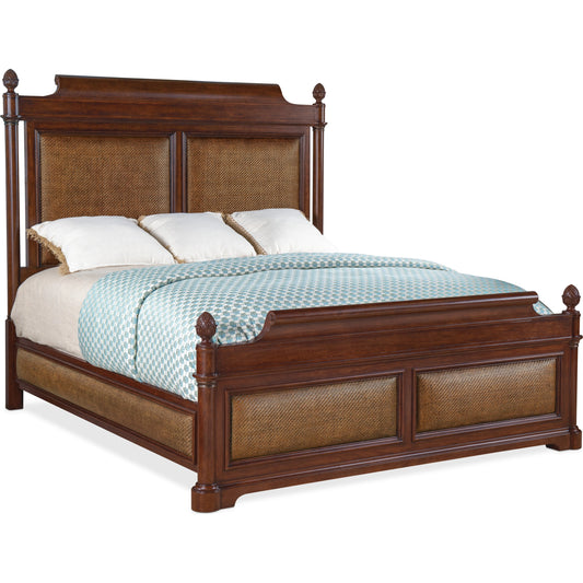 Charleston Panel Bed by Hooker Furniture in maraschino cherry. Made from cherry, walnut veneers with walnut inlay, cane in a traditional style.