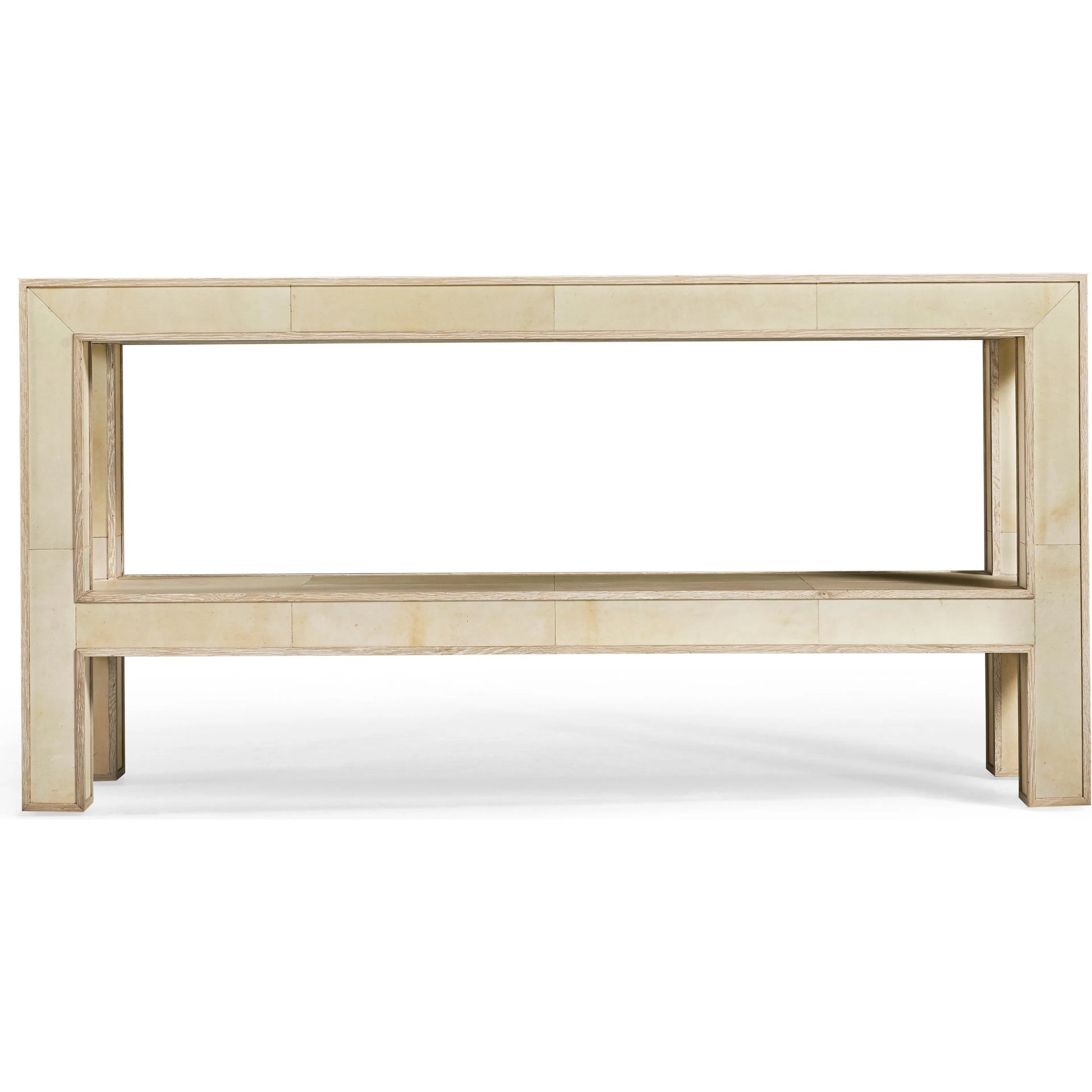 Hydra Console Table by Jonathan Charles in parchment oak. Made from oak, oak veneer, brass, vellum in a transitional style.