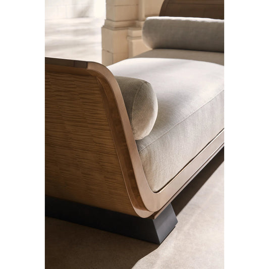 Infinity Chaise by Caracole in linen and toasted sycamore, charred bark. Made from birch in a unique style.