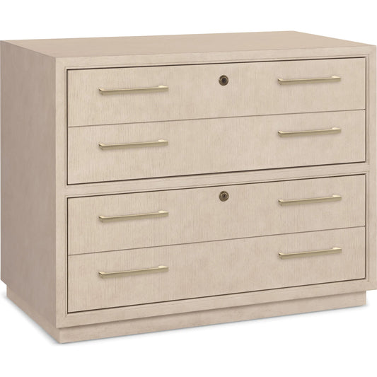 Marlowe Lateral File by Hooker Furniture in light wood and polished limestone, quartered oak veneers. Made from white oak solids, white oak veneers in a unique style.