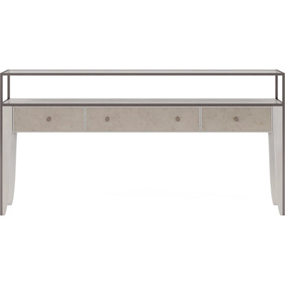 Mezzanine Console Table by A.R.T. Furniture in dove gray. Made from parawood, poplar solids, maple veneer, mirror, glass, steel in a modern style.