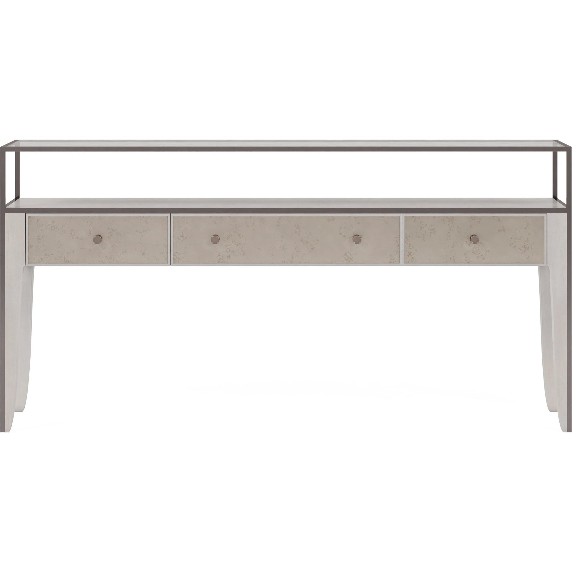 Mezzanine Console Table by A.R.T. Furniture in dove gray. Made from parawood, poplar solids, maple veneer, mirror, glass, steel in a modern style.