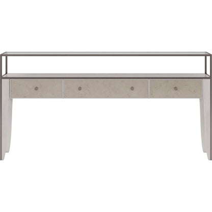 Mezzanine Console Table by A.R.T. Furniture in dove gray. Made from parawood, poplar solids, maple veneer, mirror, glass, steel in a modern style.
