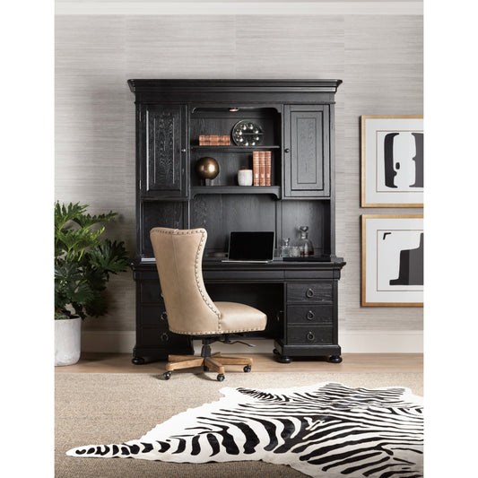 Bristowe Credenza Hutch by Hooker Furniture in tuxedo black. Made from pecan veneers in a unique style.