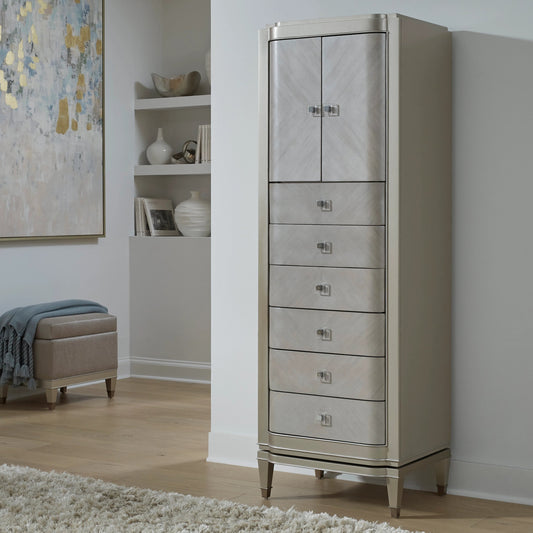 Zoey Jewelry Chest by Pulaski Furniture in champagne. Made from poplar wood, mdf, primavera veneers in a modern style.