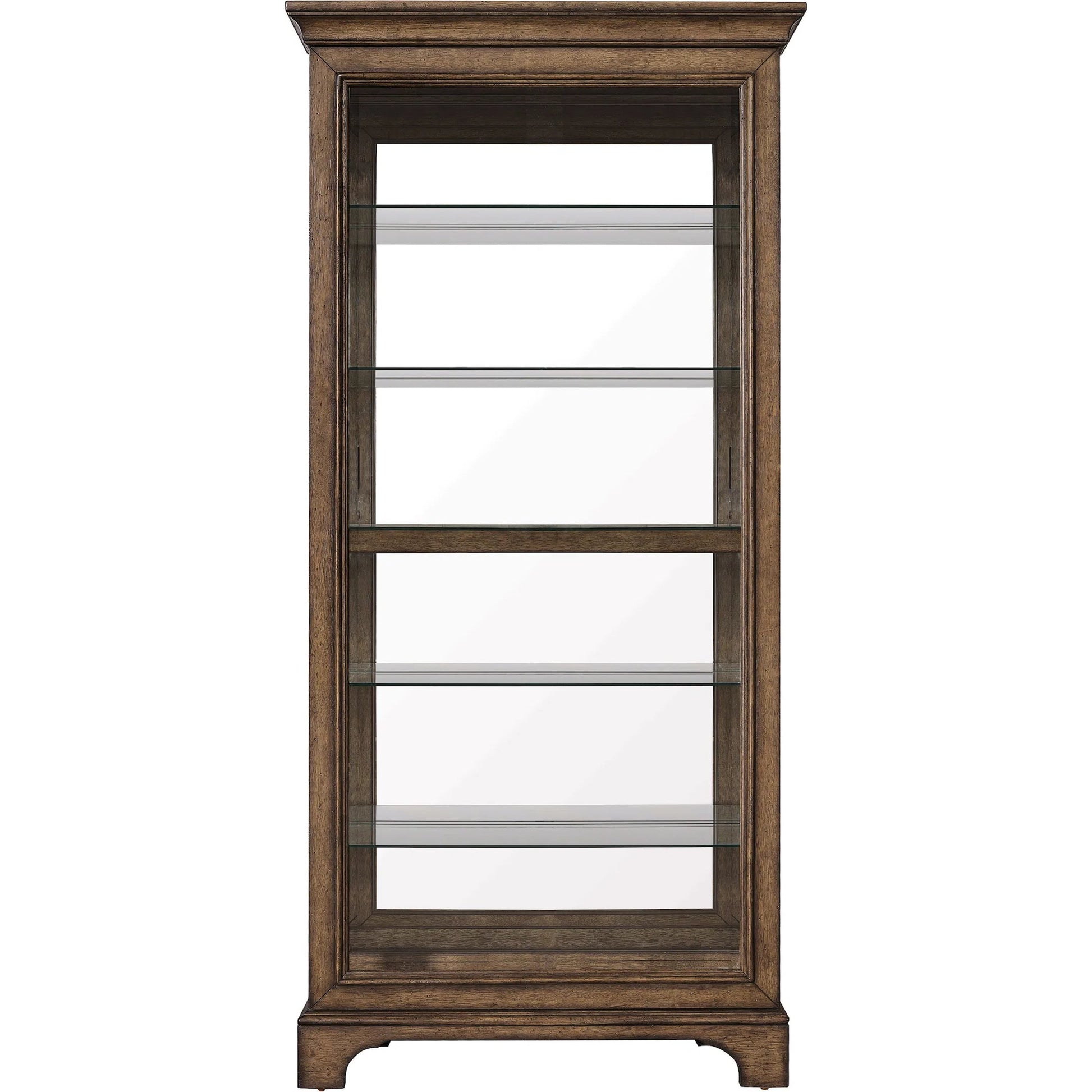 Traditional Sliding Door Curio with Glass Shelves and LED Light by Pulaski Furniture in chestnut. Made from oak wood veneers in a unique style.