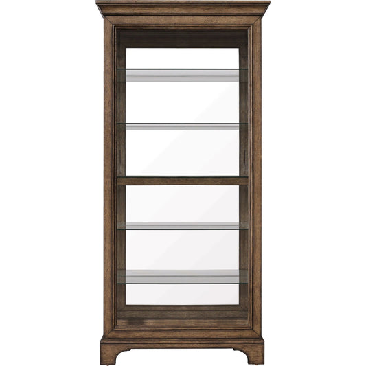 Traditional Sliding Door Curio with Glass Shelves and LED Light by Pulaski Furniture in chestnut. Made from oak wood veneers in a unique style.