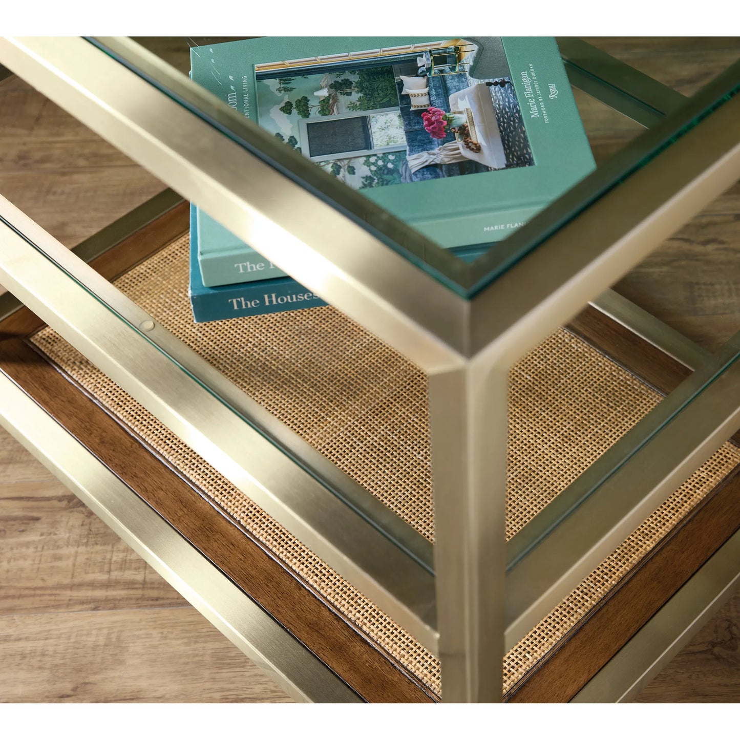 003 SI-2353997 | Closeup | Melange End Table by Hooker Furniture in silver. Made from steel, glass top, cane with wooden frame in a modern style.