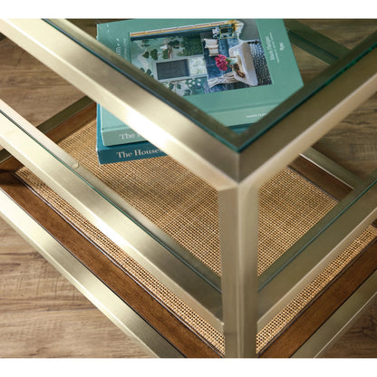 Melange End Table by Hooker Furniture in silver. Made from steel, glass top, cane with wooden frame in a modern style.