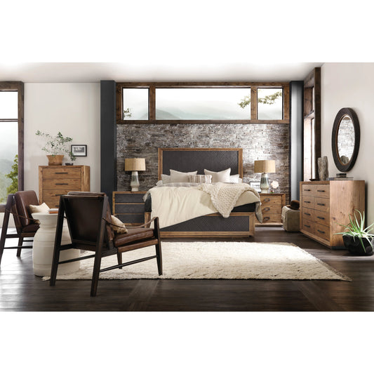 Big Sky 3-Drawer Bachelors Chest by Hooker Furniture in vintage natural, furrowed bark. Made from pecky hickory veneers, cedar, resin, solid-wood edged top in a modern style.