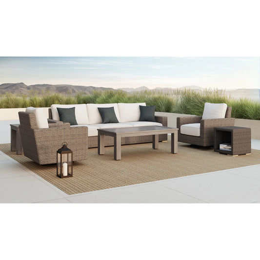 Coronado Outdoor Swivel Rocker in Canvas Flax by Sunset West in driftwood. Made from resin wicker in a modern style.