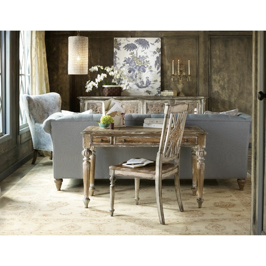 Chatelet Writing Desk by Hooker Furniture in caramel froth. Made from pecan, walnut, maple veneers with high quality bonded leather in a traditional style.
