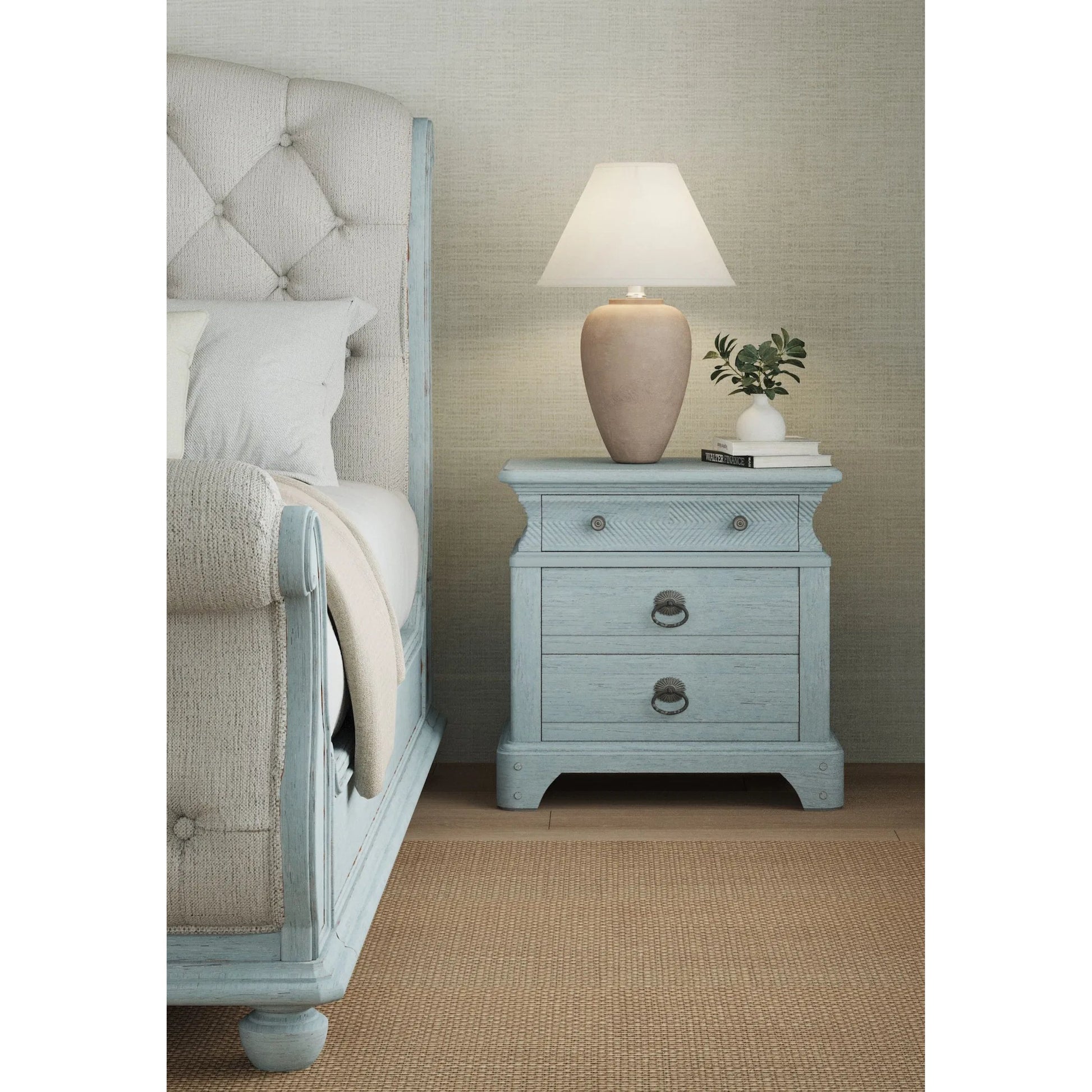 Summer Creek Light Keeper's Nightstand by A.R.T. Furniture in shutter blue. Made from flakey cathedral oak veneer, parawood solids in a cottage & farmhouse style.