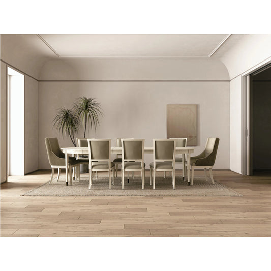 Timeless Synodic Swedish Dining Table by Jonathan Charles in london mist. Made from acacia, brass in a unique style.