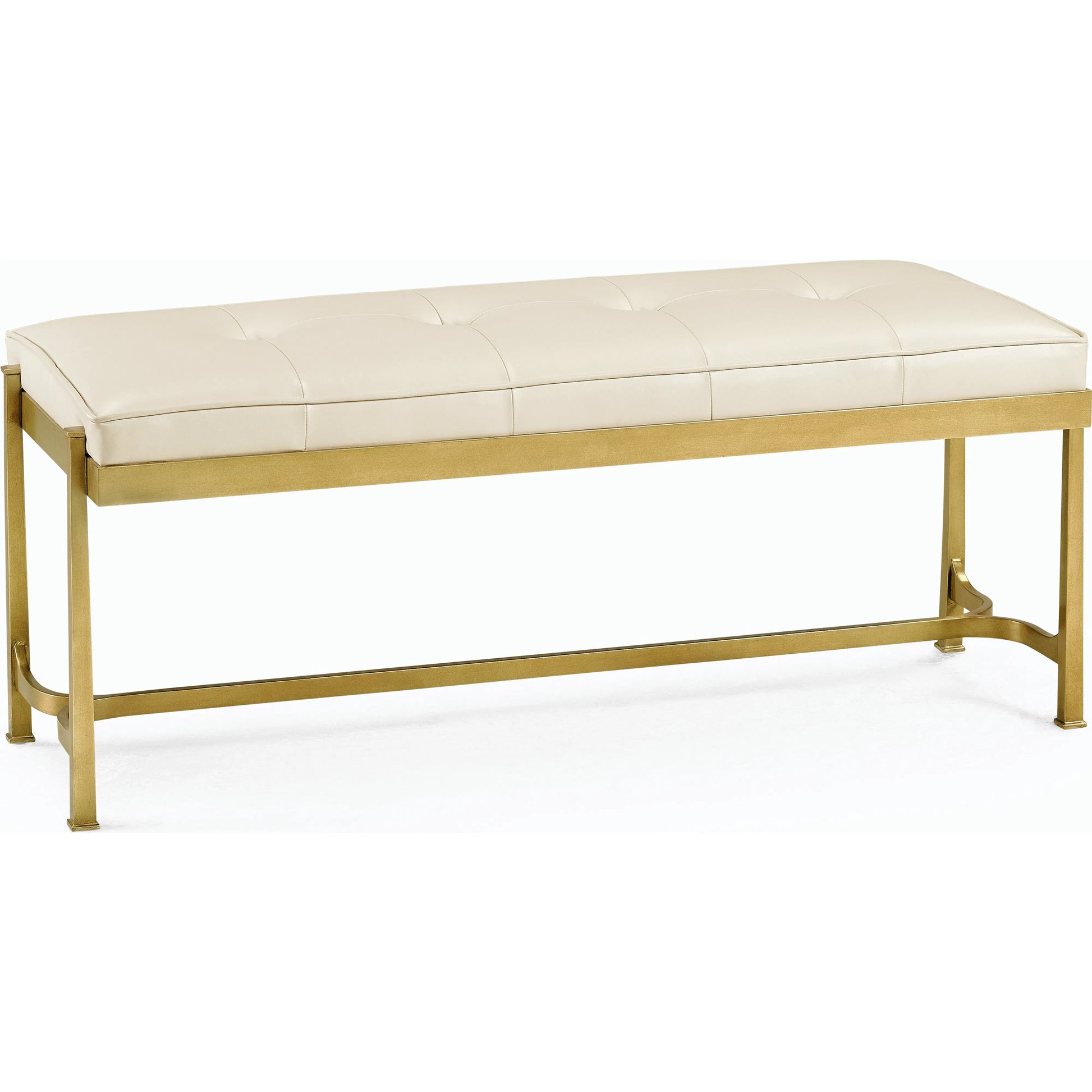 Luxe Gilded Iron & Cream Leather Bench by Jonathan Charles in gilded gold. Made from iron in a modern style.