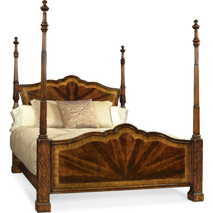 Versailles Mahogany King Poster Bed by Jonathan Charles in brown and medium antique mahogany. Made from mahogany in a traditional style.