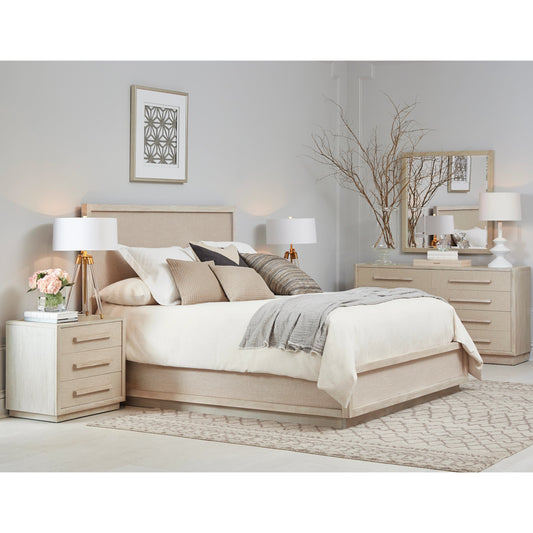Cotiere Panel Bed by A.R.T. Furniture in beige and linen. Made from parawood solids, mixed split cathedral and quarter white oak veneers, fabric in a modern style.