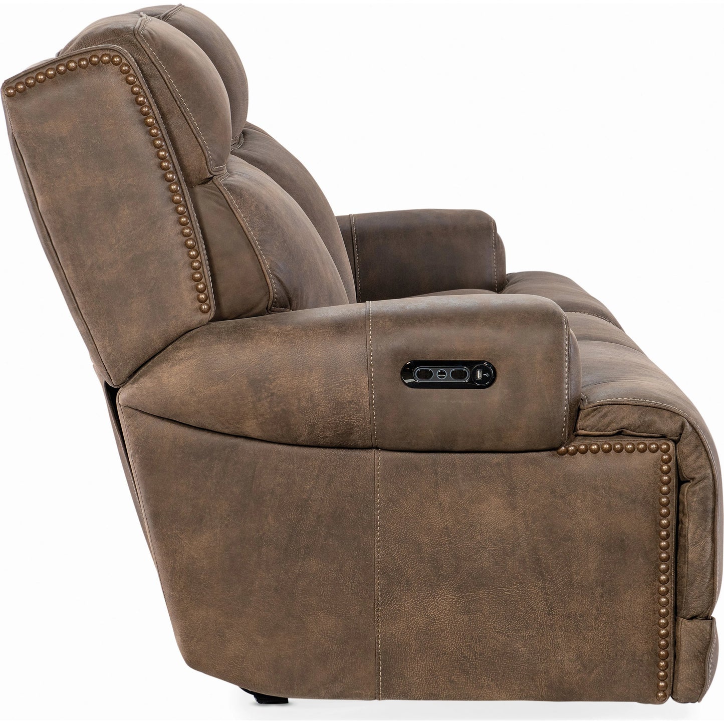 002 SI-2029072 | Additional Silo | Wheeler Power Sofa by Hooker Furniture in seville timber. Made from leather, seville timber (aniline). seville timber features natural hallmarks of the trail such as fat wrinkles healed scars, scratches, mite marks. wax-b