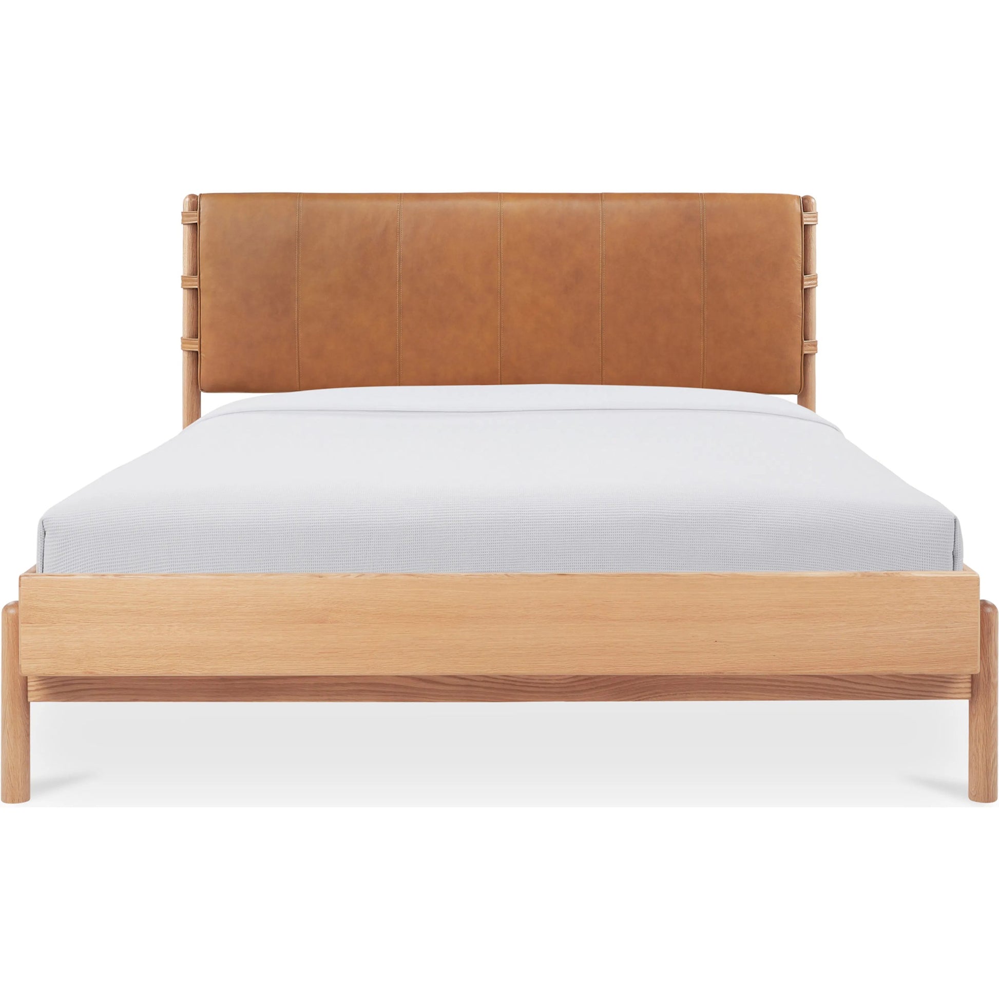 Colby Bed by Moe's Home Collection in camel and soap lacquer. Made from upholstery: 100% top, top grain leather, solid oak leg, headboard frame, oak veneer over mdf bed frame in a traditional style.