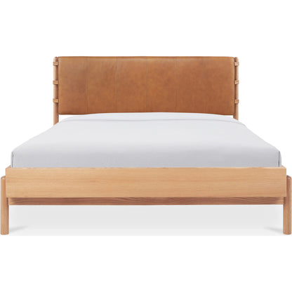 Colby Bed by Moe's Home Collection in camel and soap lacquer. Made from upholstery: 100% top, top grain leather, solid oak leg, headboard frame, oak veneer over mdf bed frame in a traditional style.