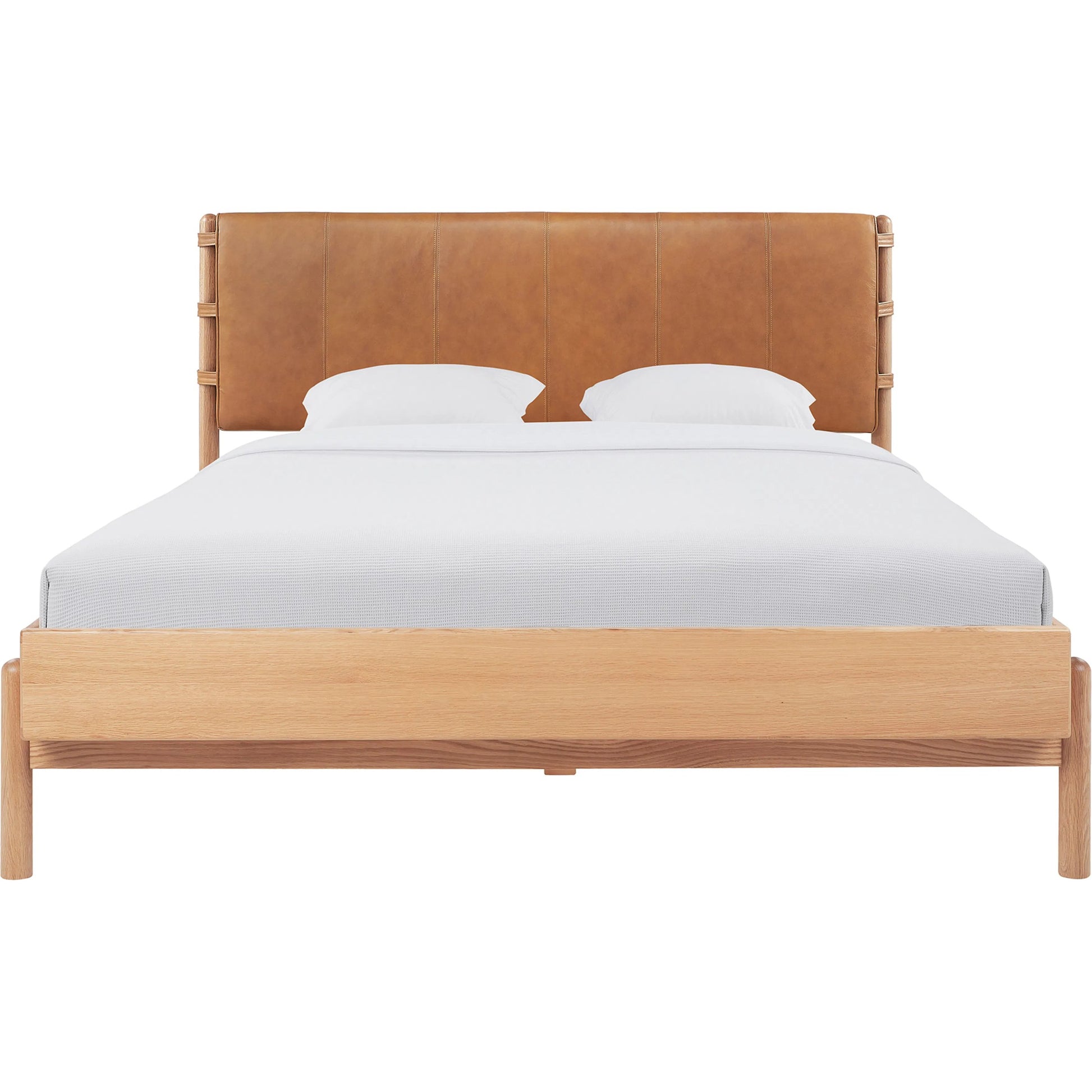 Colby Bed by Moe's Home Collection in camel and soap lacquer. Made from upholstery: 100% top, top grain leather, solid oak leg, headboard frame, oak veneer over mdf bed frame in a traditional style.
