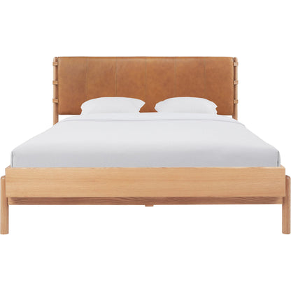 Colby Bed by Moe's Home Collection in camel and soap lacquer. Made from upholstery: 100% top, top grain leather, solid oak leg, headboard frame, oak veneer over mdf bed frame in a traditional style.