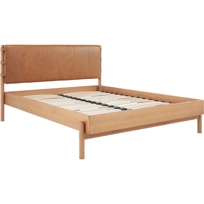 Colby Bed by Moe's Home Collection in camel and soap lacquer. Made from upholstery: 100% top, top grain leather, solid oak leg, headboard frame, oak veneer over mdf bed frame in a traditional style.
