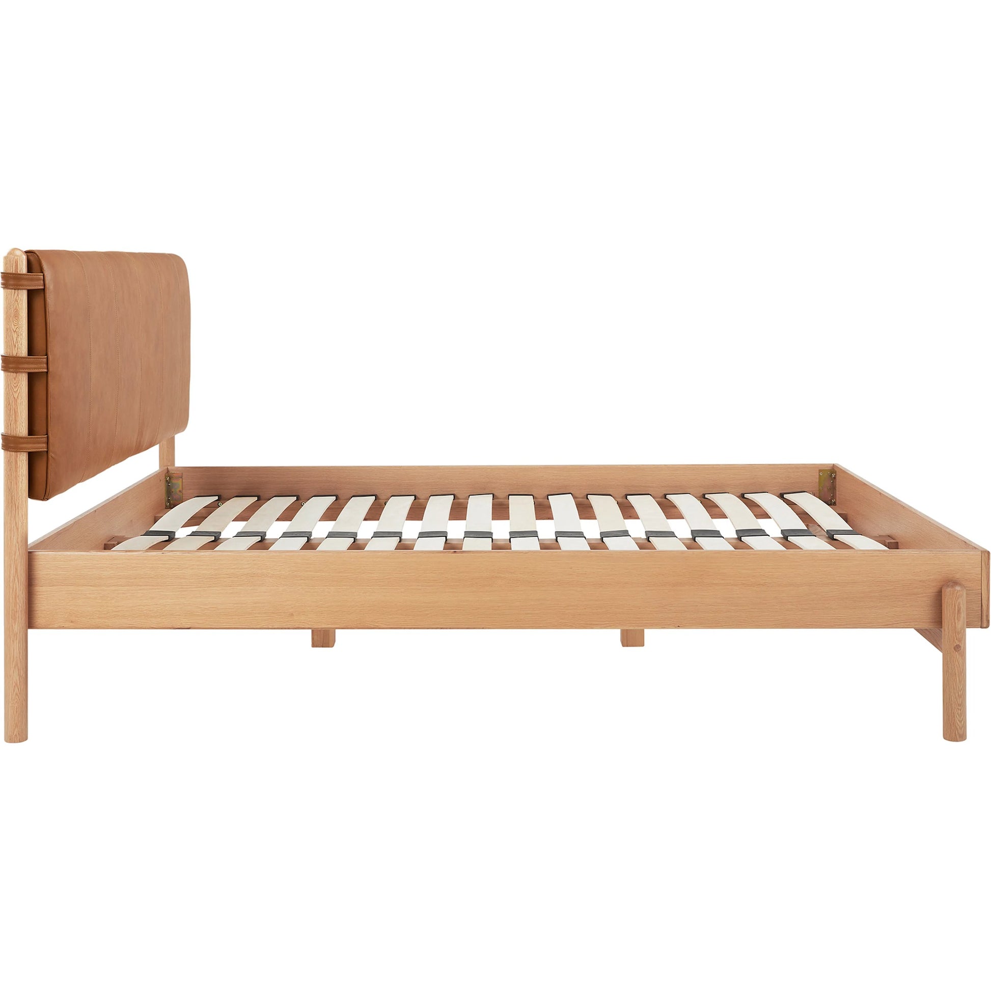 Colby Bed by Moe's Home Collection in camel and soap lacquer. Made from upholstery: 100% top, top grain leather, solid oak leg, headboard frame, oak veneer over mdf bed frame in a traditional style.