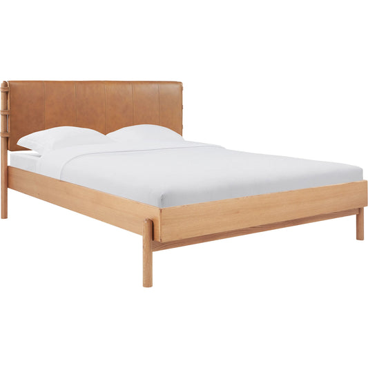 Colby Bed by Moe's Home Collection in camel and soap lacquer. Made from upholstery: 100% top, top grain leather, solid oak leg, headboard frame, oak veneer over mdf bed frame in a unique style.