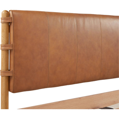 Colby Bed by Moe's Home Collection in camel and soap lacquer. Made from upholstery: 100% top, top grain leather, solid oak leg, headboard frame, oak veneer over mdf bed frame in a traditional style.