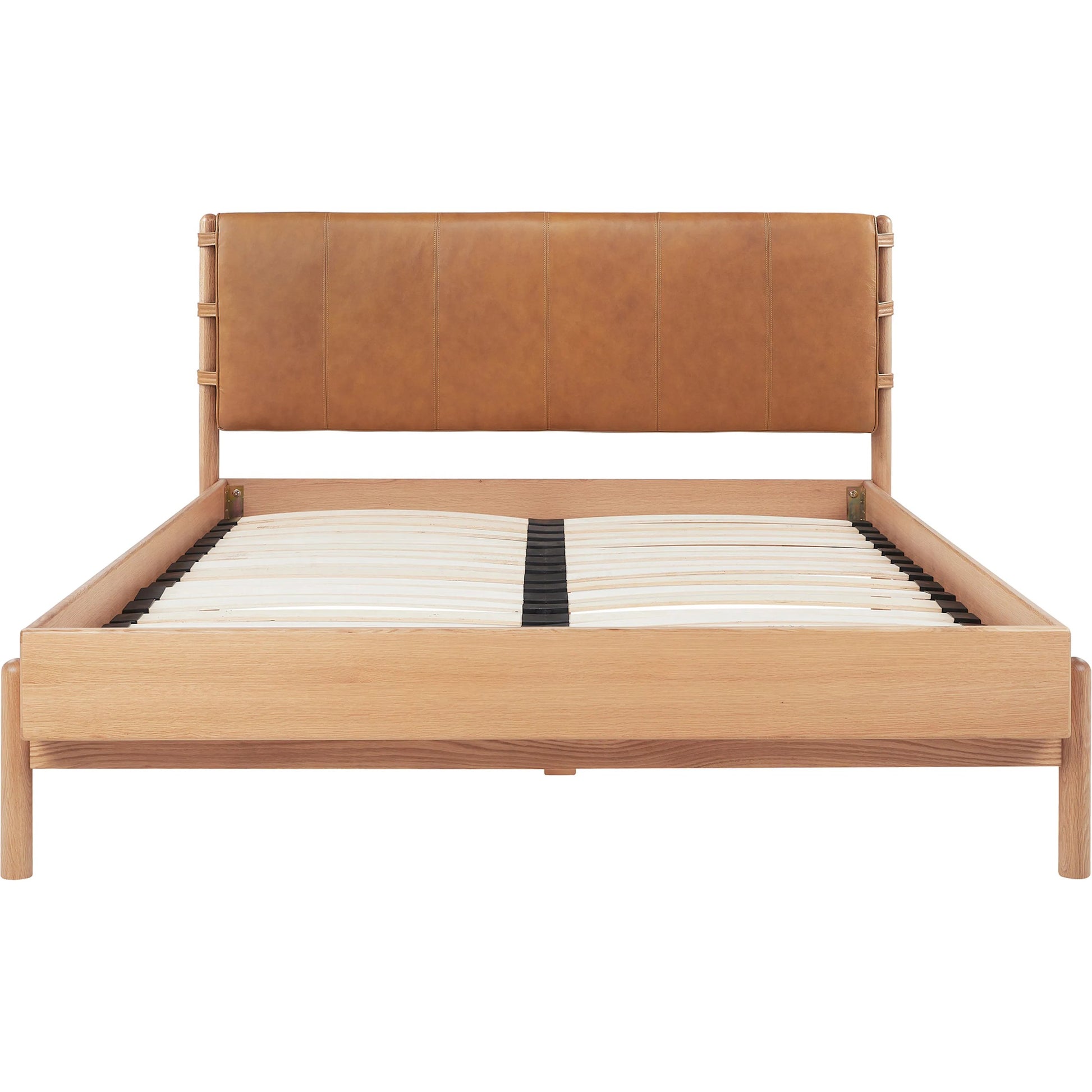 Colby Bed by Moe's Home Collection in camel and soap lacquer. Made from upholstery: 100% top, top grain leather, solid oak leg, headboard frame, oak veneer over mdf bed frame in a traditional style.