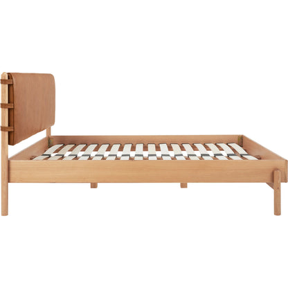 Colby Bed by Moe's Home Collection in camel and soap lacquer. Made from upholstery: 100% top, top grain leather, solid oak leg, headboard frame, oak veneer over mdf bed frame in a traditional style.