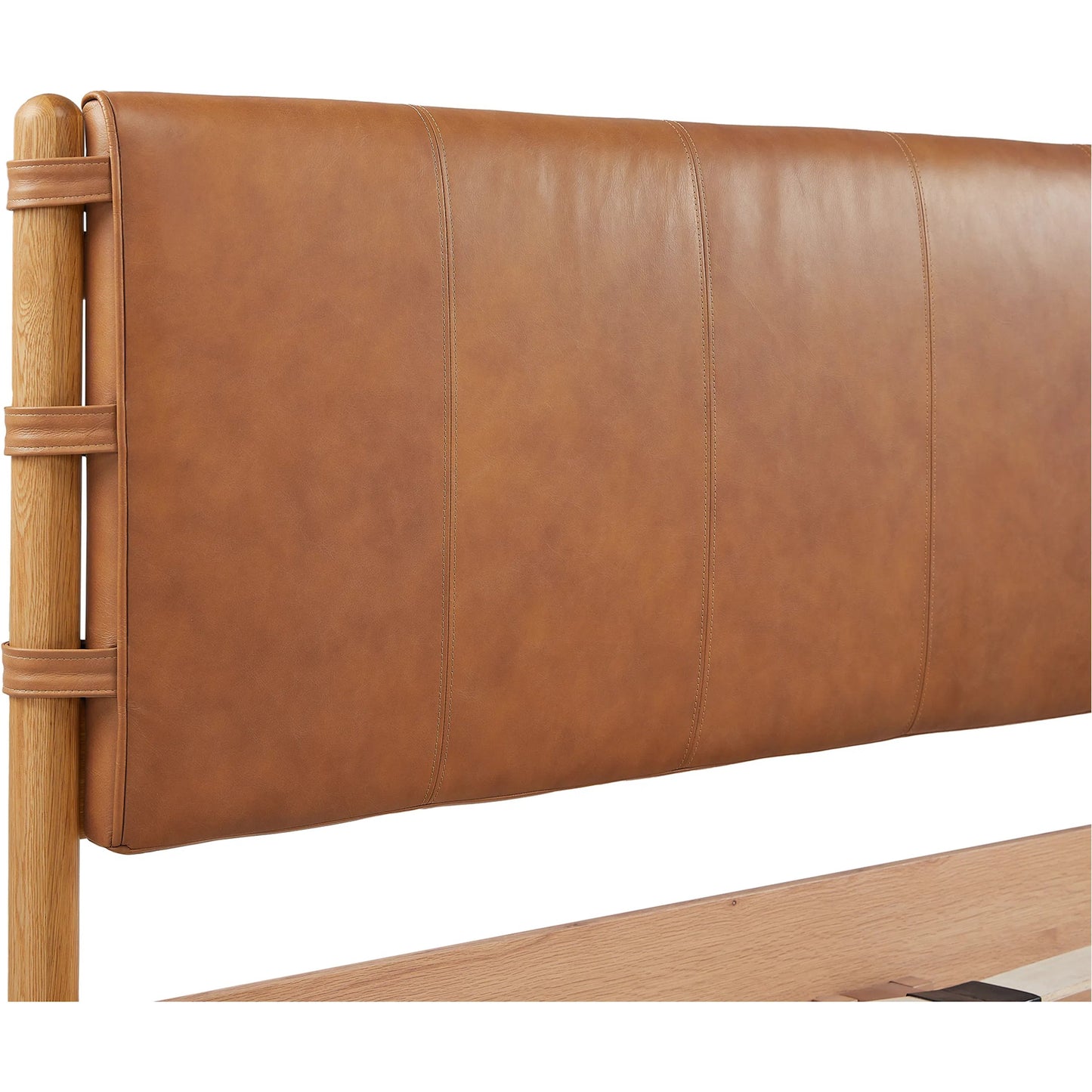 021 SI-2253653 | Closeup | Colby Bed by Moe's Home Collection in camel and soap lacquer. Made from upholstery: 100% top, top grain leather, solid oak leg, headboard frame, oak veneer over mdf bed frame in a traditional style.