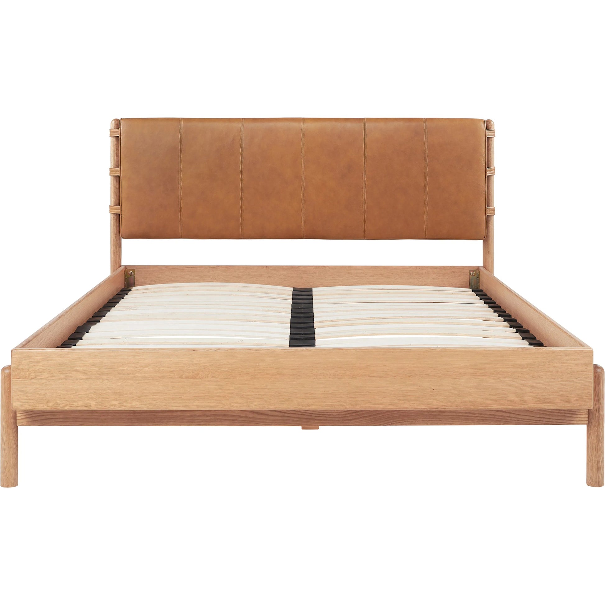Colby Bed by Moe's Home Collection in camel and soap lacquer. Made from upholstery: 100% top, top grain leather, solid oak leg, headboard frame, oak veneer over mdf bed frame in a traditional style.