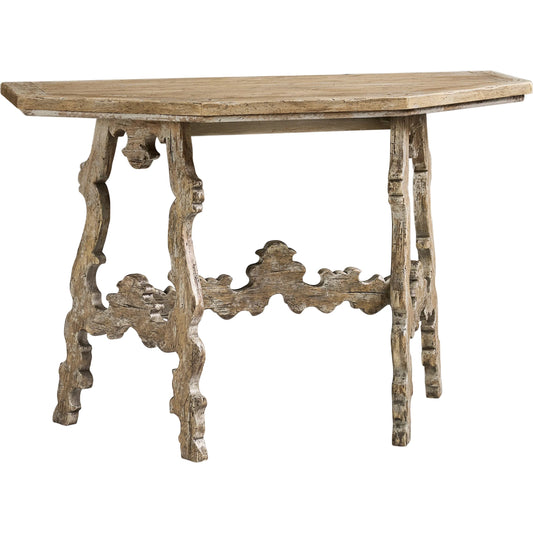 Caldera Curved Console Table by Jonathan Charles in light spain painted walnut. Made from acacia in a unique style.