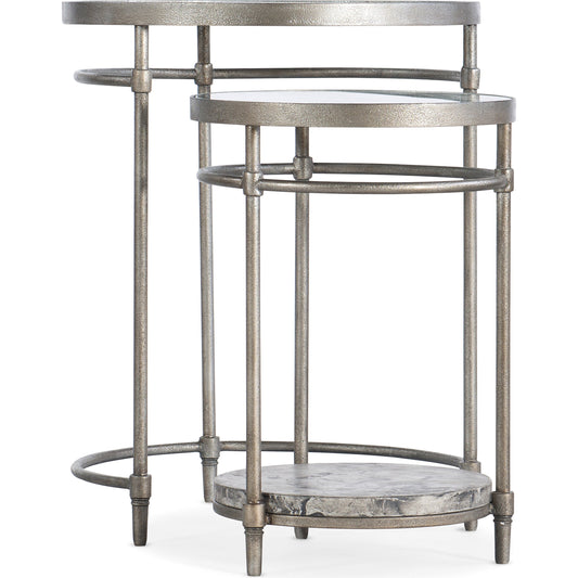 Nesting Tables by Hooker Furniture in champagne. Made from concrete with metal tubing, metal sheet, glass in a modern style.