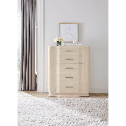 Nouveau Chic Five Drawer Chest by Hooker Furniture in sandstone. Made from oak veneers, cedar in a modern style.