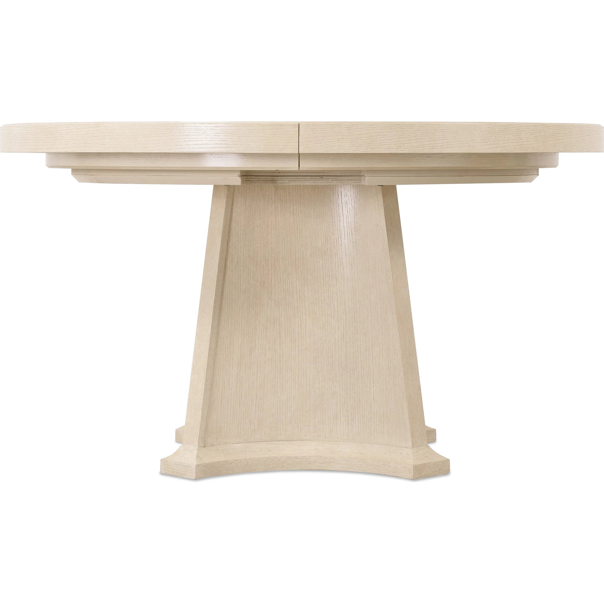 Westwood Round Dining Table with One 20-inch Leaf by Hooker Furniture in light wood and polished limestone. Made from oak veneers in a transitional style.