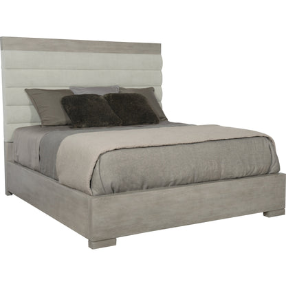 Linea Upholstered Channel Bed by Bernhardt in cerused greige. Made from white oak veneers, fabric in a unique style.