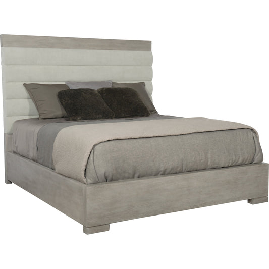 Linea Upholstered Channel Bed by Bernhardt in cerused greige. Made from white oak veneers, fabric in a unique style.
