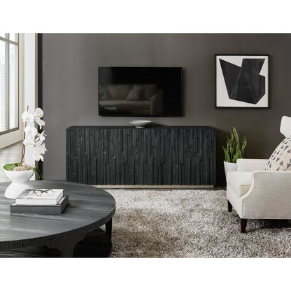 Chapman Shou Sugi Ban Entertainment Console by Hooker Furniture in charred black. Made from pine veneers in a modern style.